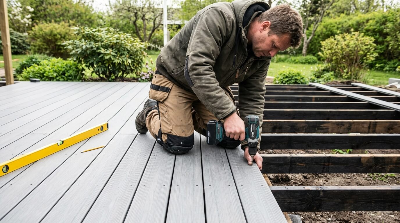 Altanbygge pågår — snickare skruvar komposittrall i Göteborg