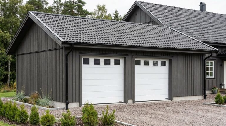 Bygga garage Göteborg — nybyggt dubbelgarage med träpanel