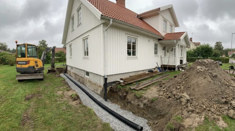Dränering Göteborg — schakt vid husgrund med dräneringsrör och makadam