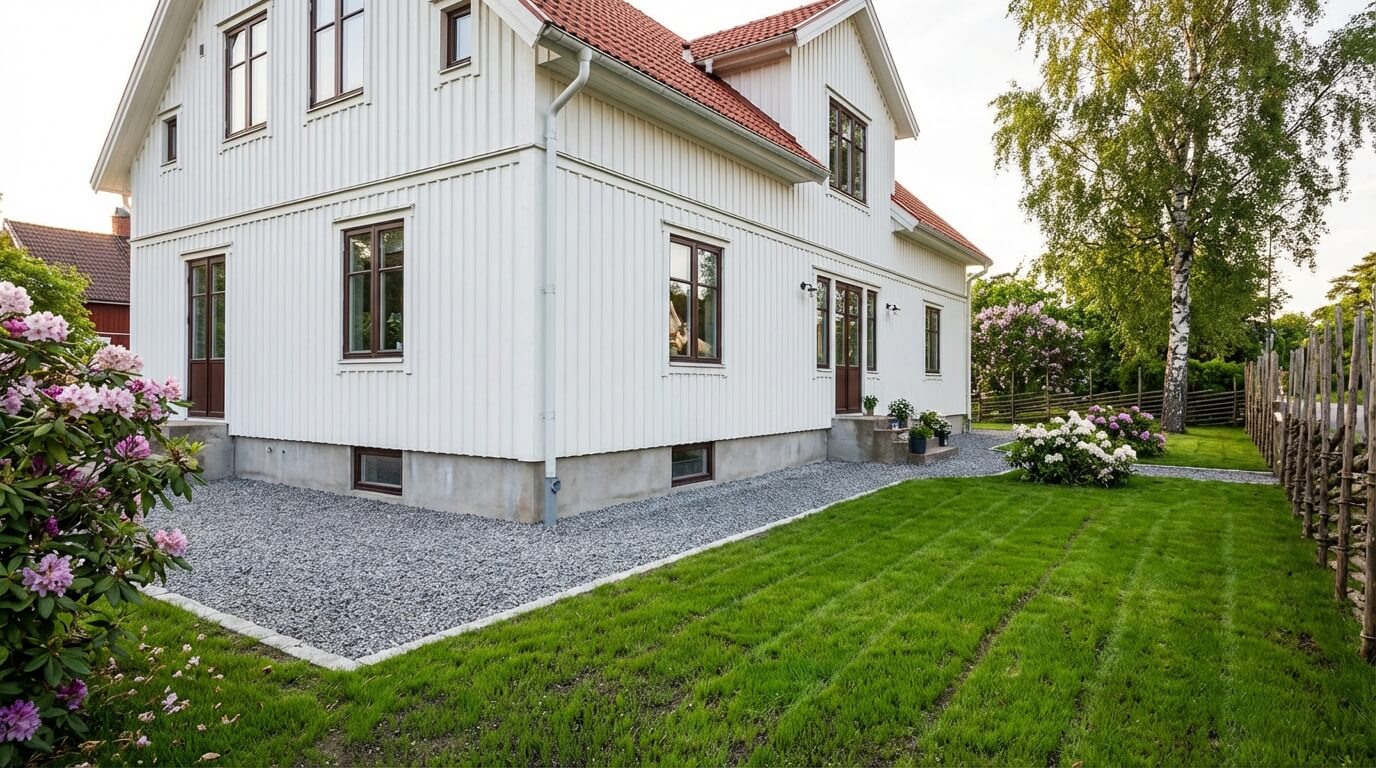 Dränering klar — återställd trädgård med ny grusremsa vid villa i Göteborg
