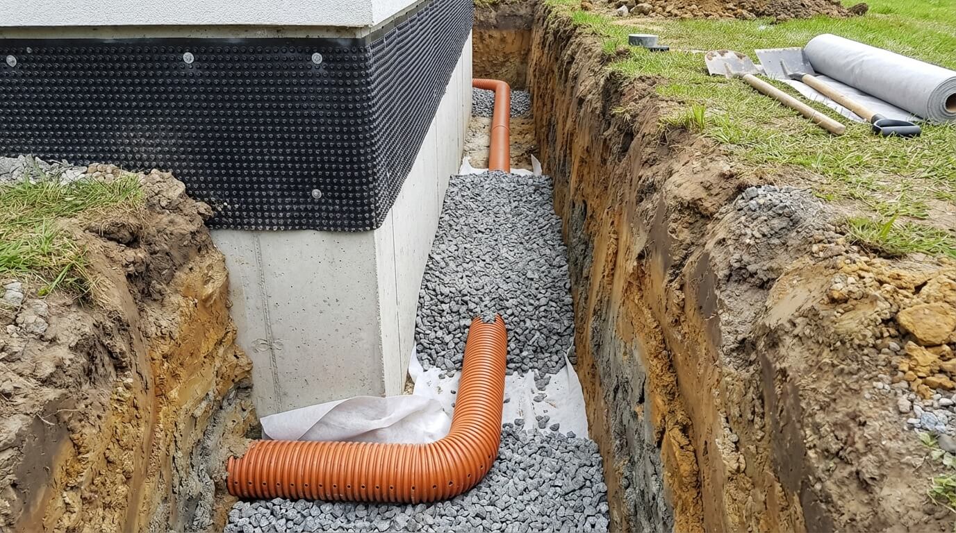 Dräneringsarbete — perforerat rör i makadam och platonmatta på grundmur