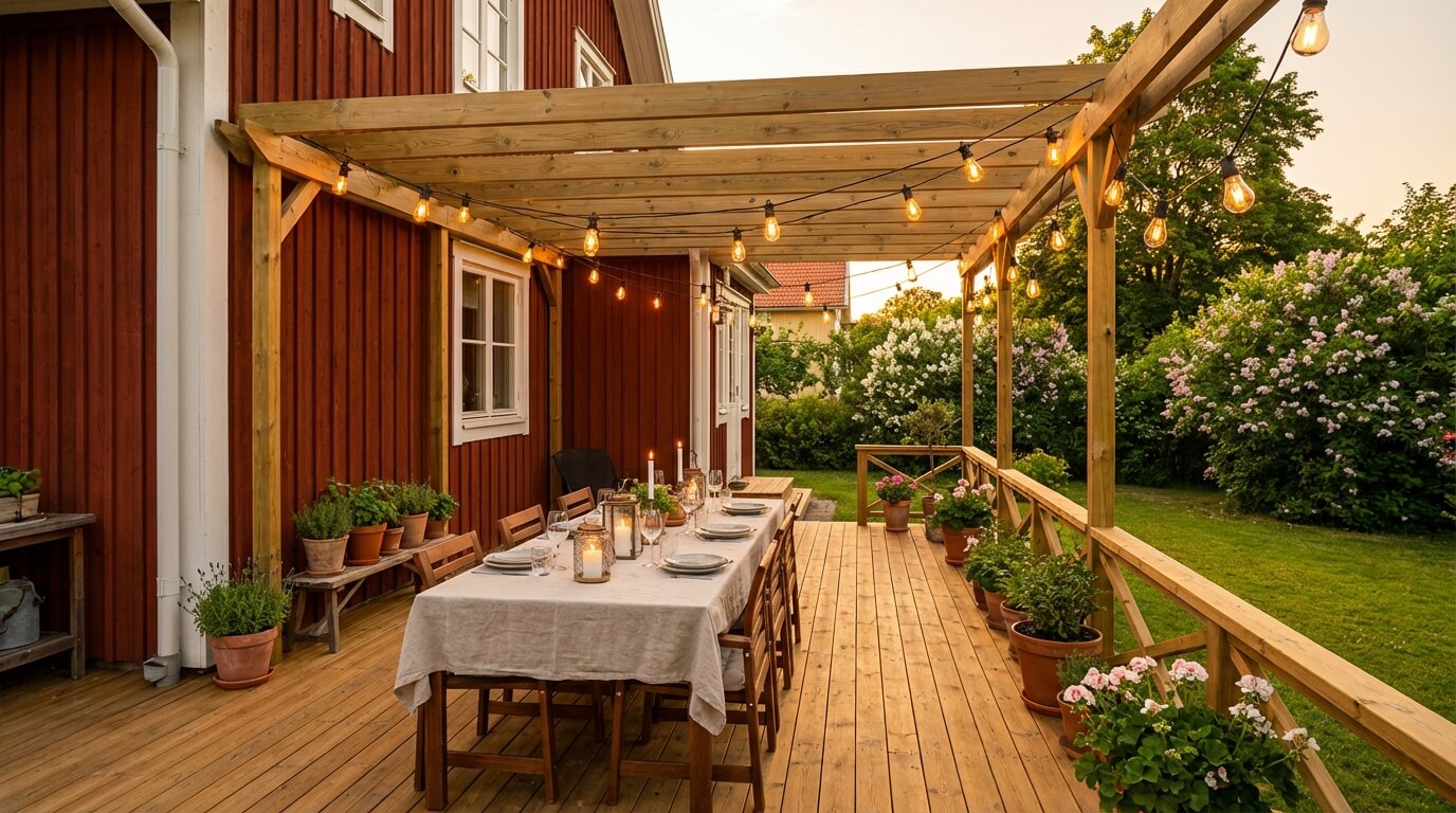 Färdig altan med pergola och ljusslingor — sommarkväll i Göteborg