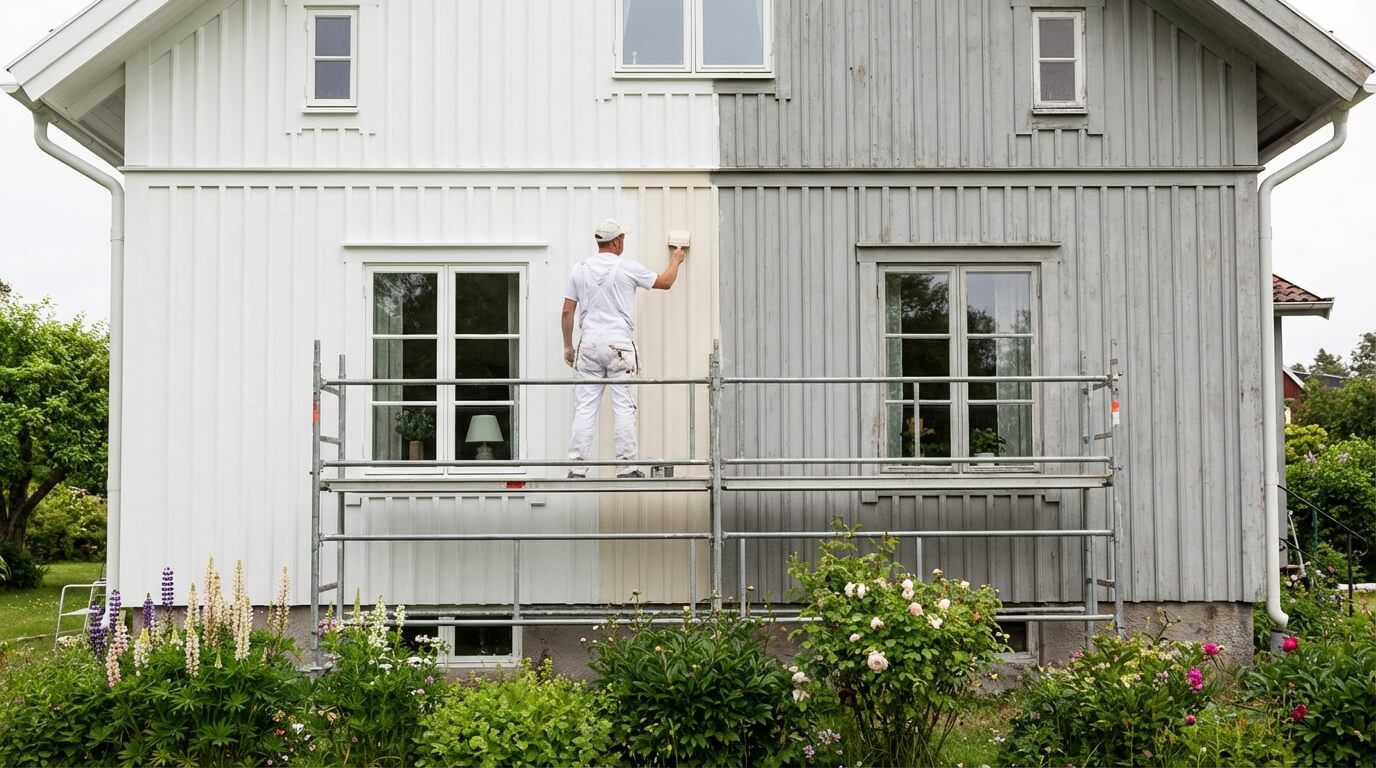 Fasadmålning i Göteborg — målare på ställning målar om träfasad