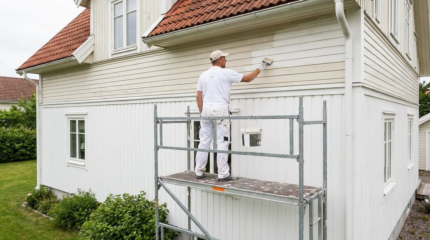 Fasadmålning i Göteborg — målare på ställning målar träpanel