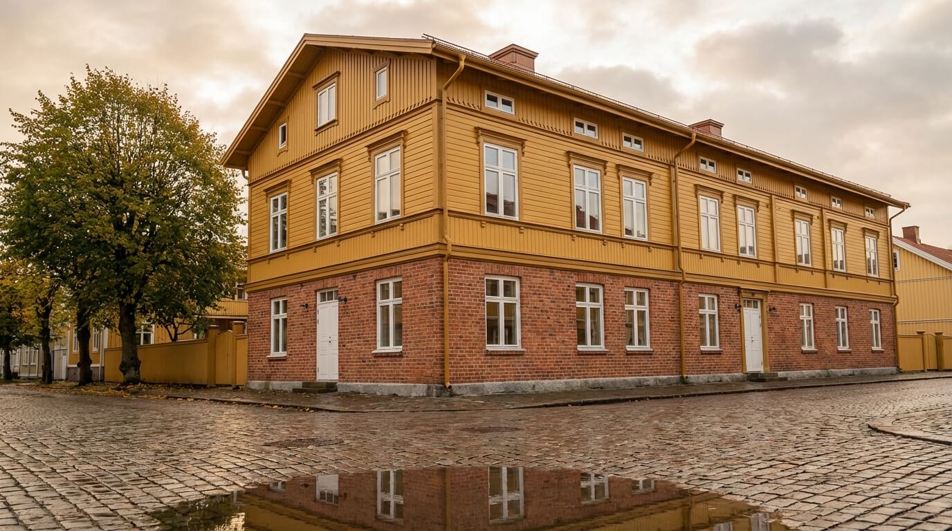 Fasadrenoverat landshövdingehus i Göteborg — tegel och gul träfasad