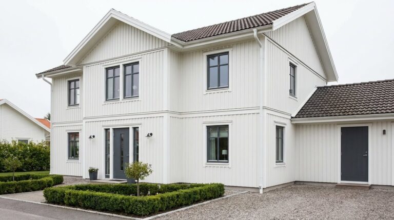 Fasadrenovering i Göteborg — nymålad vit träfasad på svensk villa