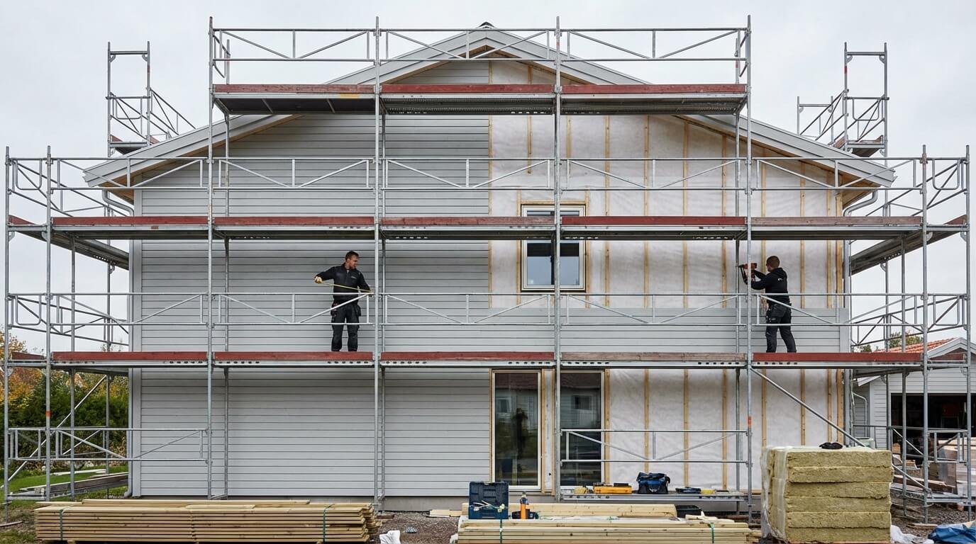 Fasadrenovering pågår — panelbyte med tilläggsisolering på villa i Göteborg