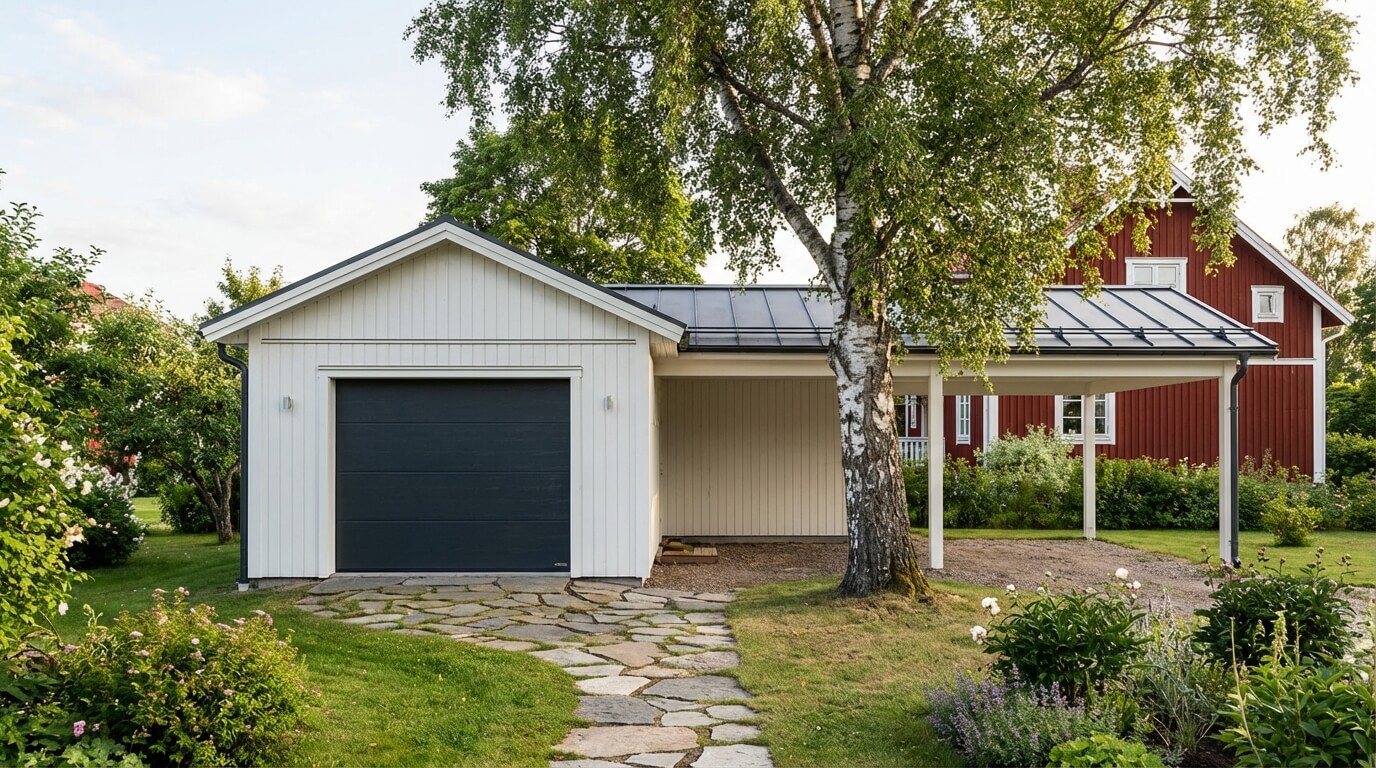 Garage med carport i Göteborg — vitmålad träpanel och plåttak