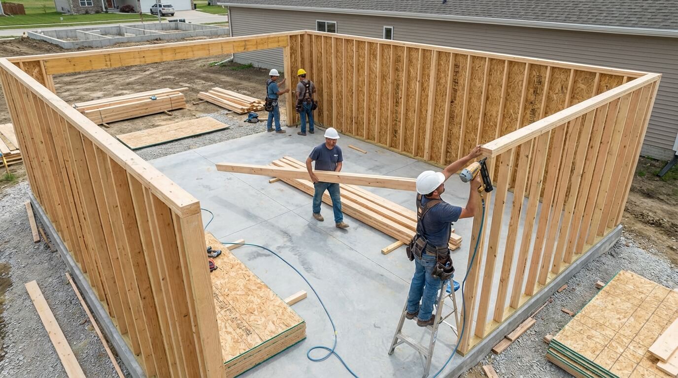 Garagebygge pågår — stomresning på betongplatta i Göteborg