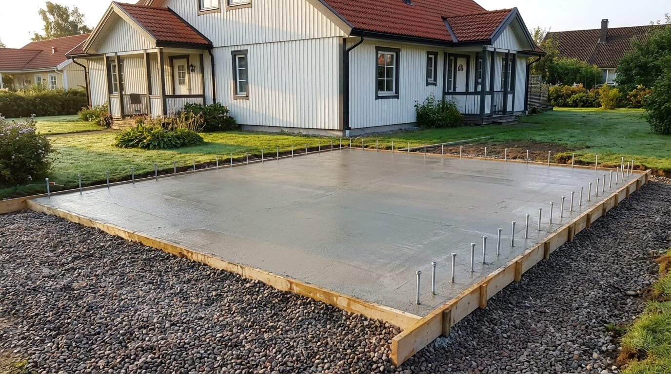 Grundläggning för garage — nygjuten betongplatta med ankarbultar