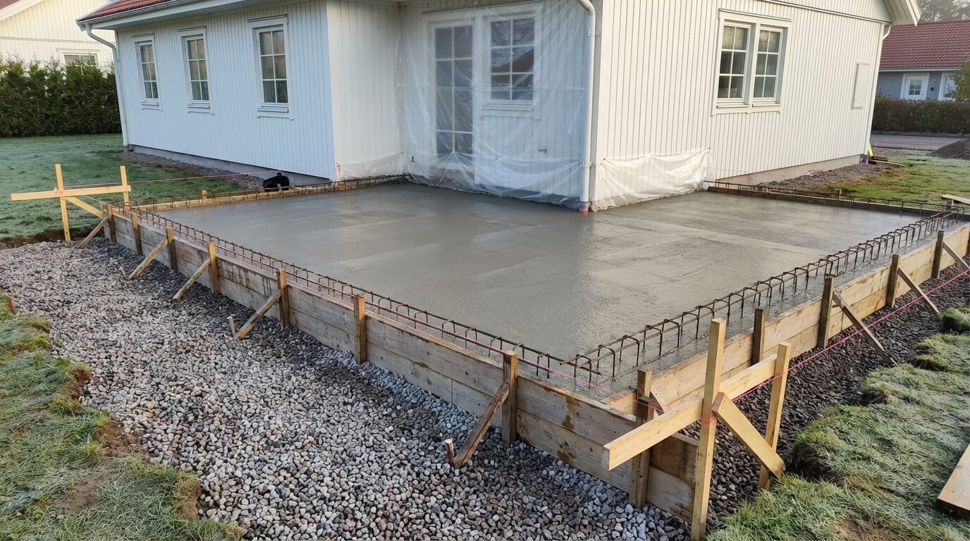 Grundläggning för tillbyggnad — nygjuten betongplatta intill villa i Göteborg