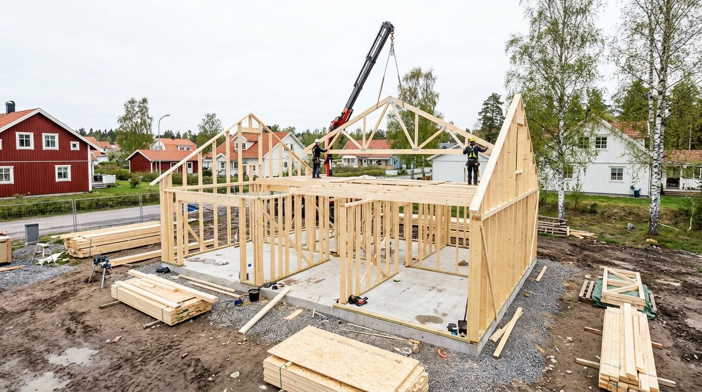 Husbyggnation pågår — stomresning med takstolar lyfts på plats