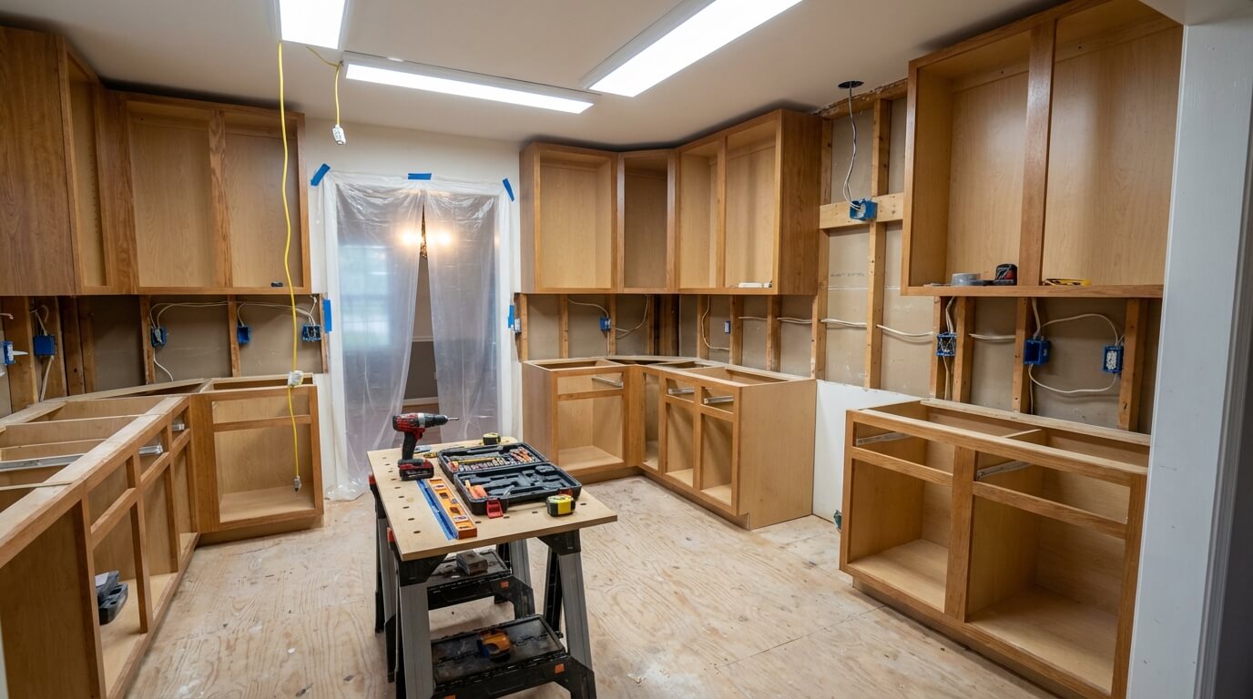 Kök under renovering — nya stommar monterade i Göteborg