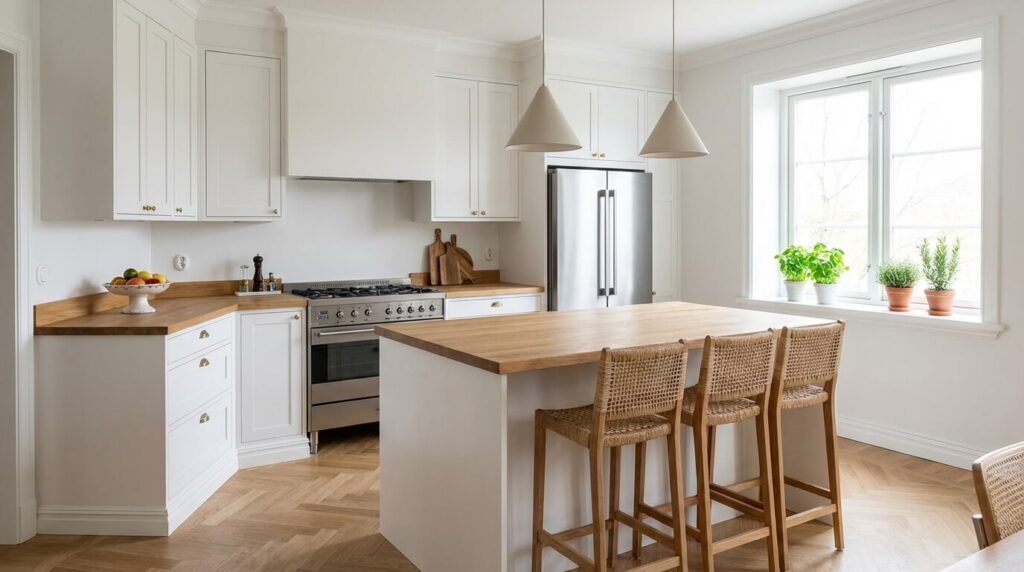 Köksrenovering i Göteborg — modernt renoverat kök med köksö och bänkskiva i sten