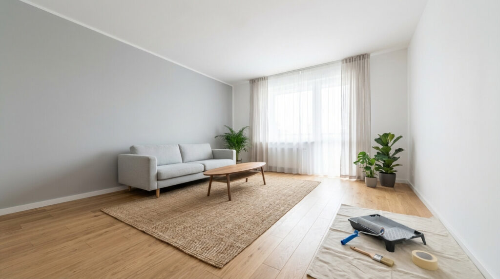 Måleri i Göteborg — nymålat ljust vardagsrum med grå fondvägg