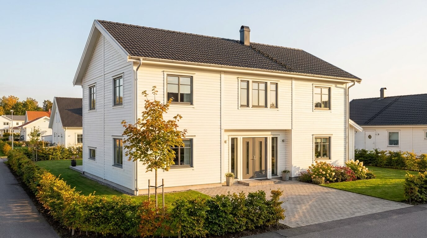 Nybyggd villa i Göteborg — tvåplanshus med vit träfasad