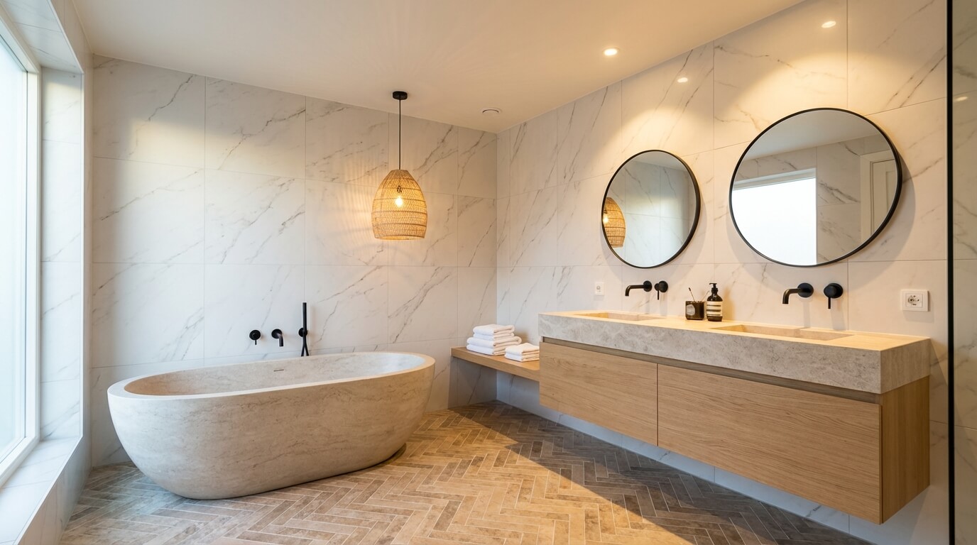 Nyrenoverat badrum i Göteborg med fristående badkar och dubbla handfat