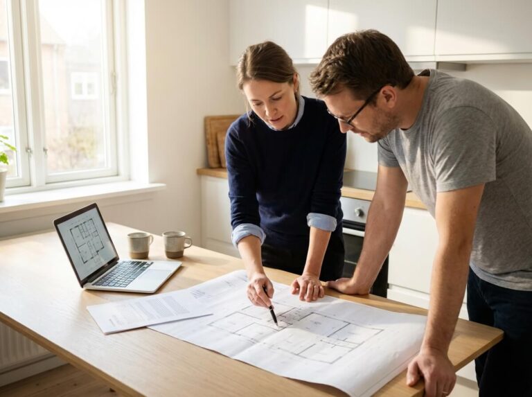 Offert och planering — projektledare går igenom ritningar med kund