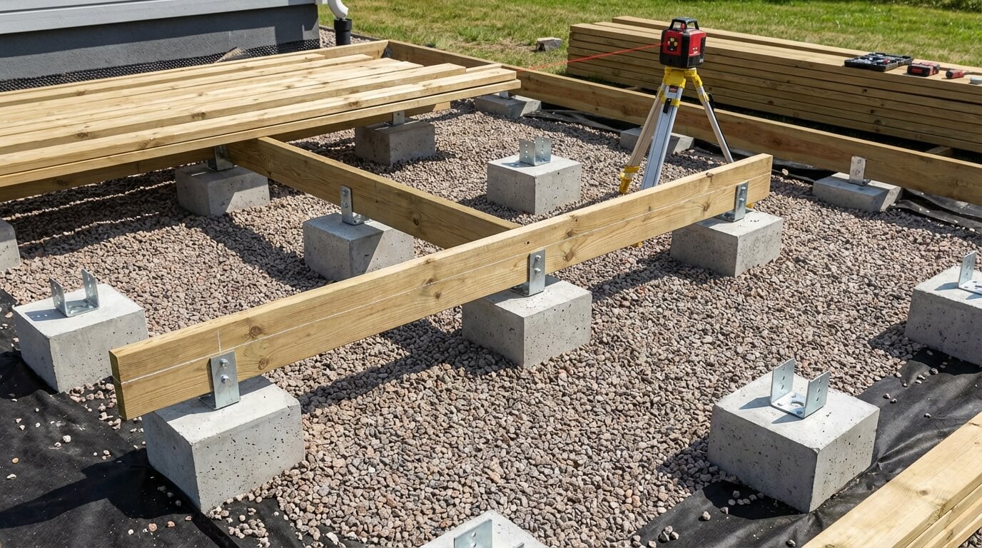 Plintgrund för altan — reglar avvägs på betongplintar