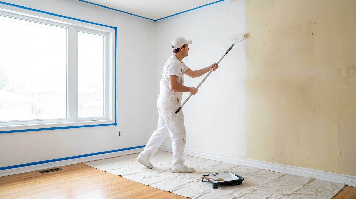 Professionell målare rollar vägg — invändig målning i Göteborg