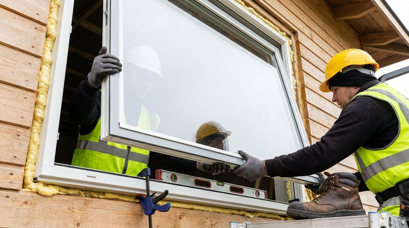 Professionellt fönsterbyte pågår — montering av nytt energifönster i Göteborg