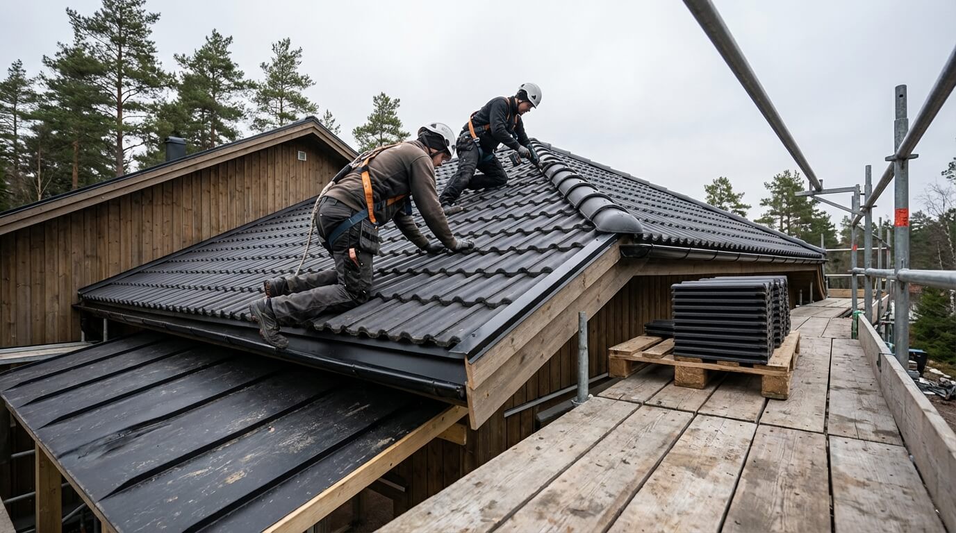 Takläggare lägger betongpannor — takrenovering i Göteborg