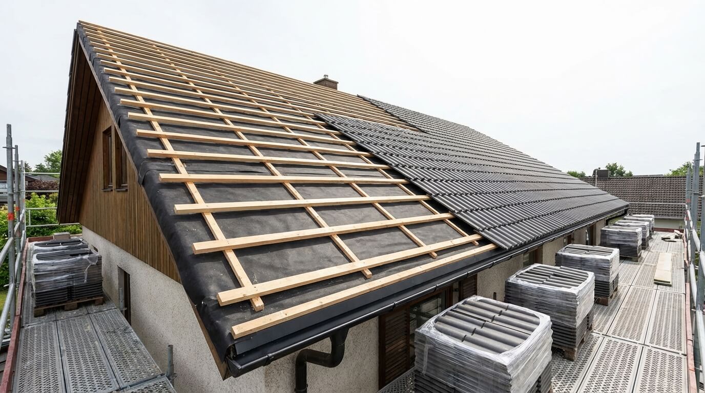 Takrenovering pågår — underlagspapp och ny läkt monterad på villa i Göteborg