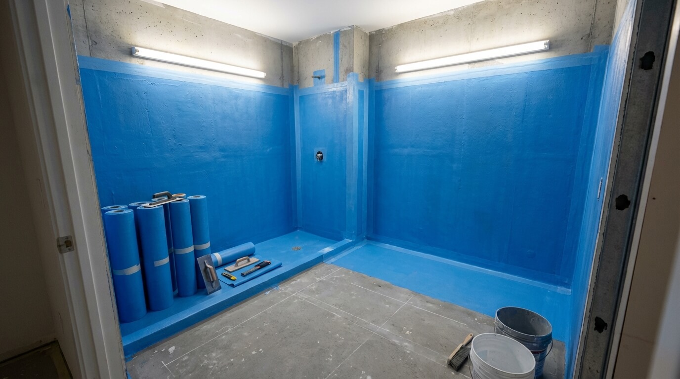 Tätskikt applicerat på golv och väggar — badrumsrenovering i Göteborg