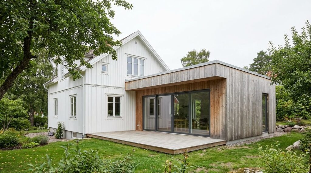 Tillbyggnad i Göteborg — modern tillbyggnad i lärk på villa med glasparti och trädäck