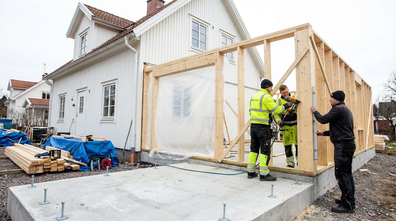 Tillbyggnad pågår — stomresning på villa i Göteborg