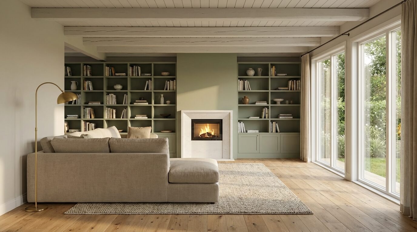 Totalrenoverad villa i Göteborg — vardagsrum med synliga takbjälkar och ekgolv