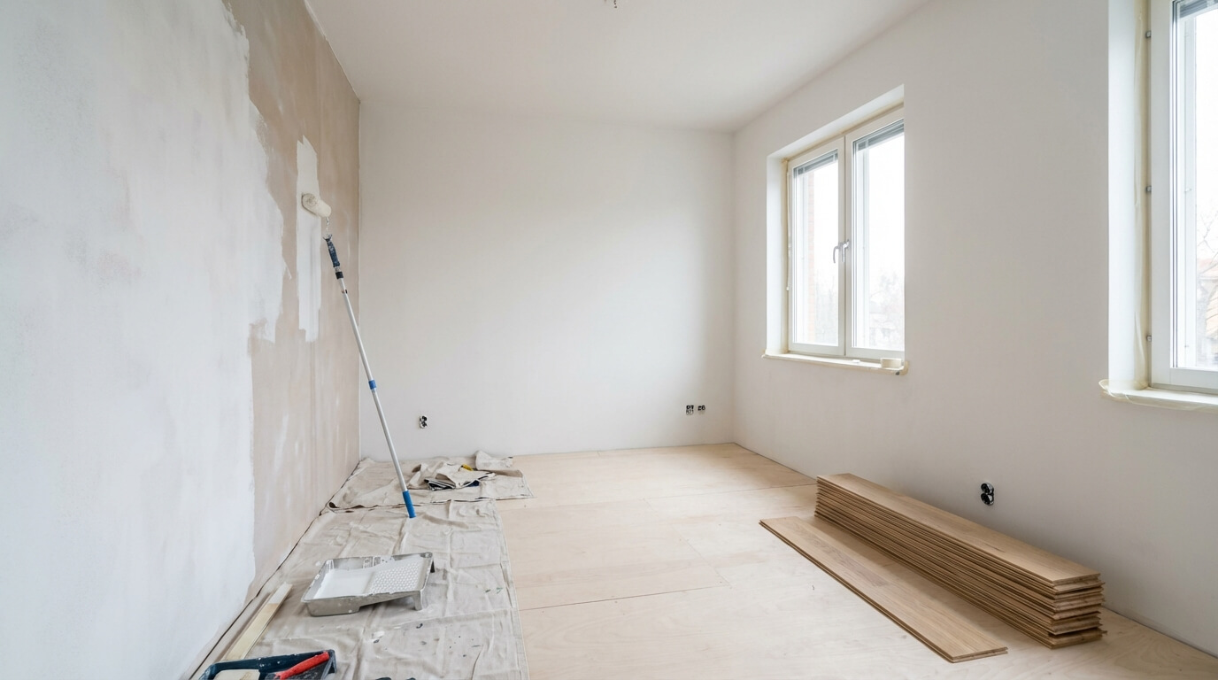 Totalrenovering halvvägs — spackling och målning i lägenhet i Göteborg