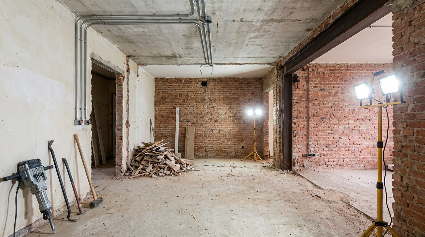 Totalrenovering pågår i Göteborg — rivning och stomarbete i lägenhet